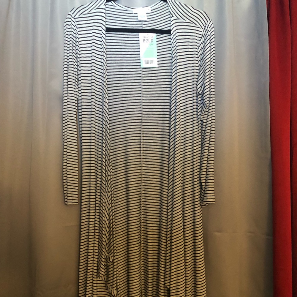 Medium Cardigan. Grey with black stripes. Pockets